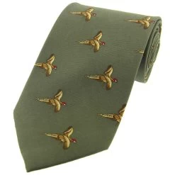 Heritage 1845 Silk Tie Flying Pheasants Country Green